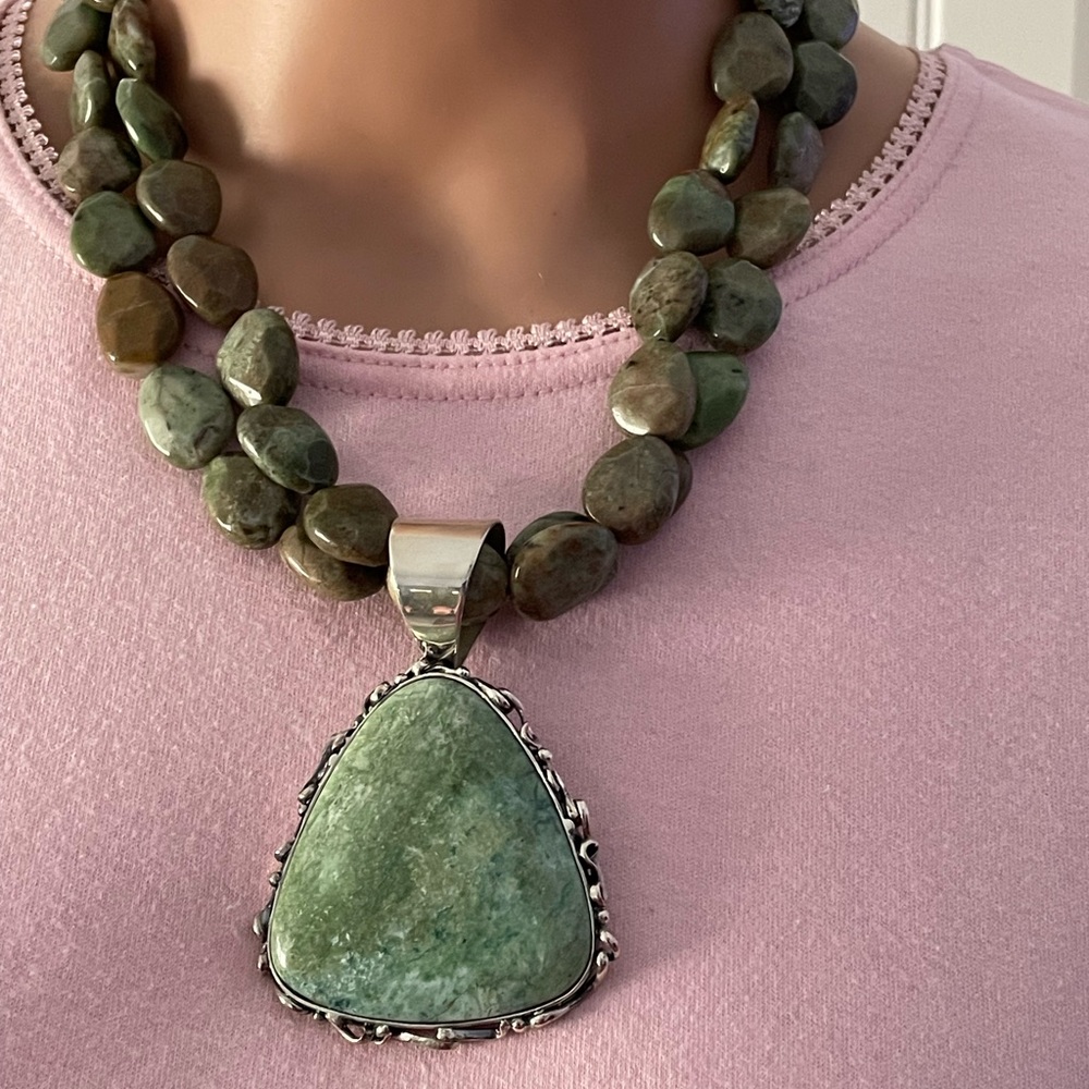 Green Opal Maitso Stone 2 Strand w/ Pendant Necklace